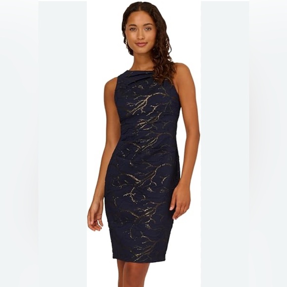 Adrianna Papell Dresses & Skirts - Adrianna Papell Women's Fitted Metallic Strech Mid-Length Dress Navy/Gold Sz 14